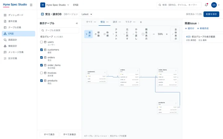 ER 図の画面